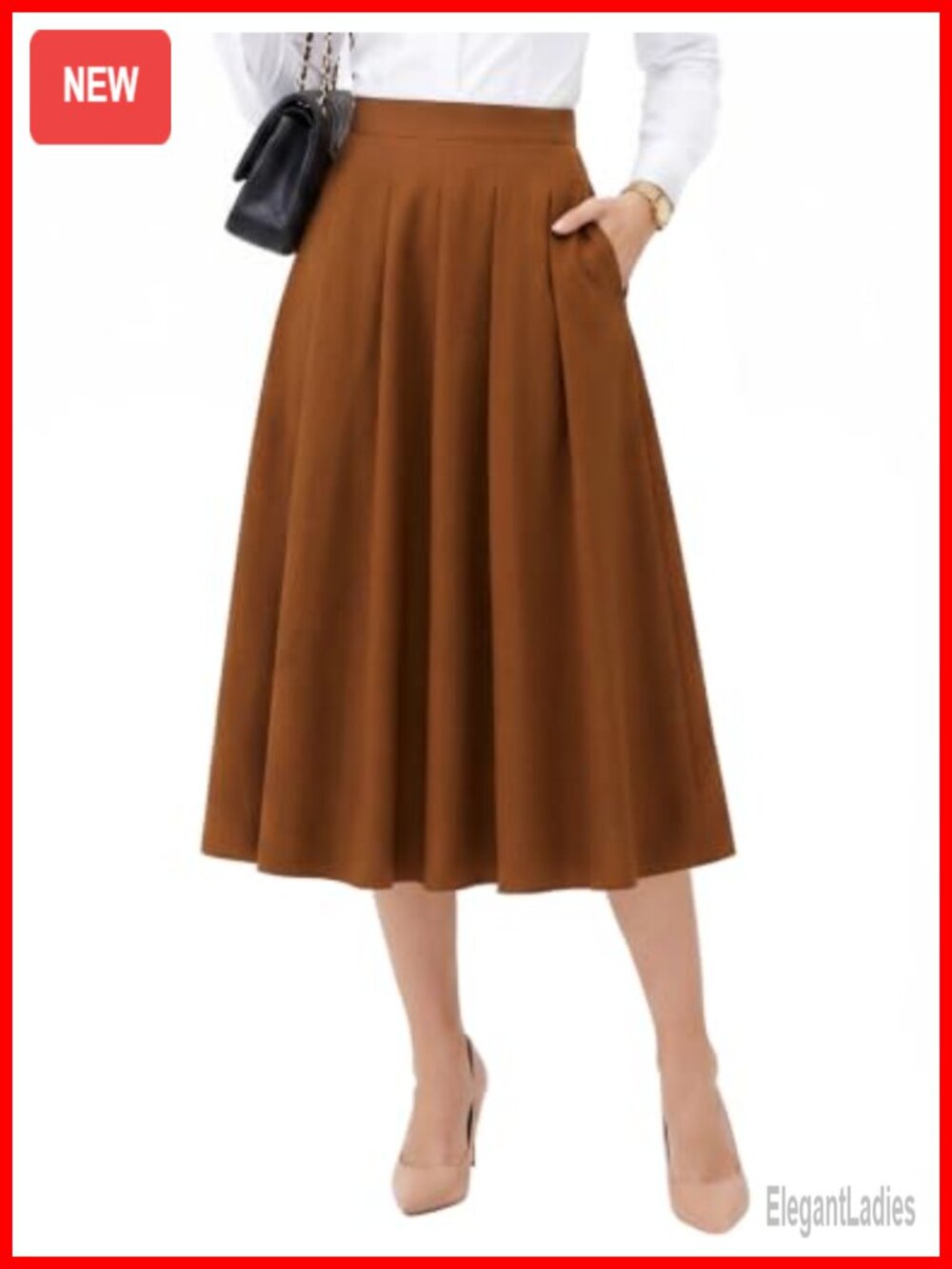 Pleated Midi Skirt High Waist A-Line Elastic Waist Pockets Work Office